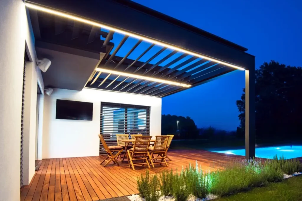 Outdoor pergola with modern lighting built by Pergolas Christchurch and supported by Fence Builders Christchurch.