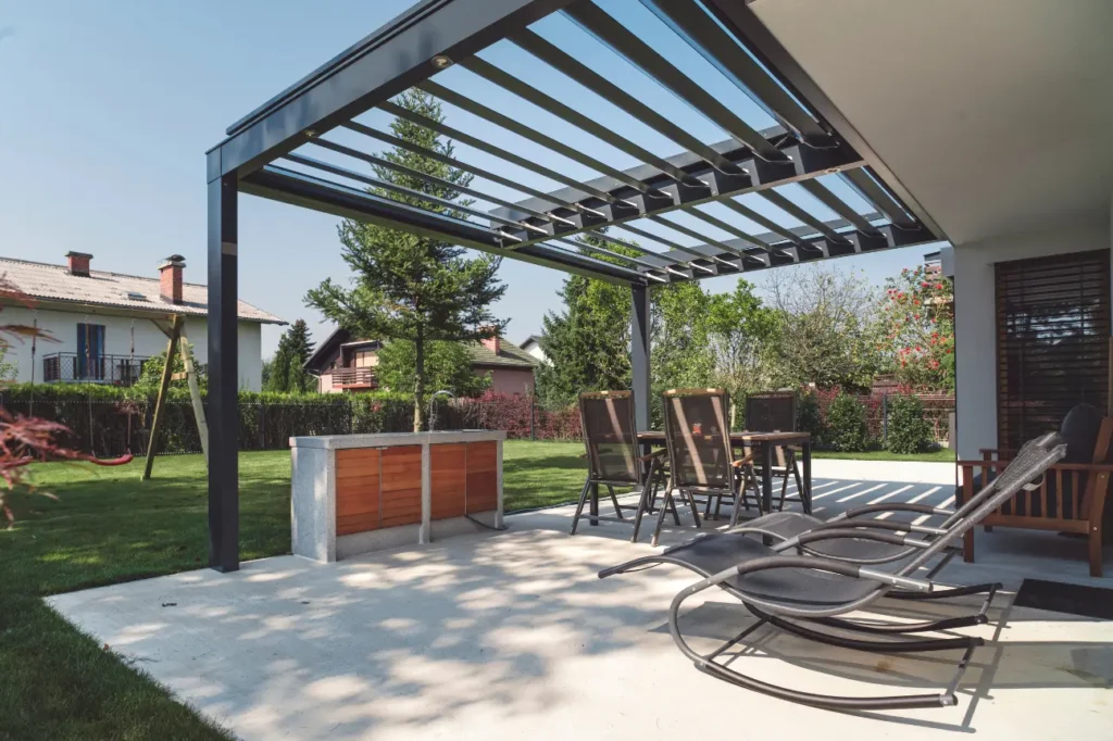 Stylish louvred pergola built by Pergolas Christchurch with trusted quality from Fence Builders Christchurch.