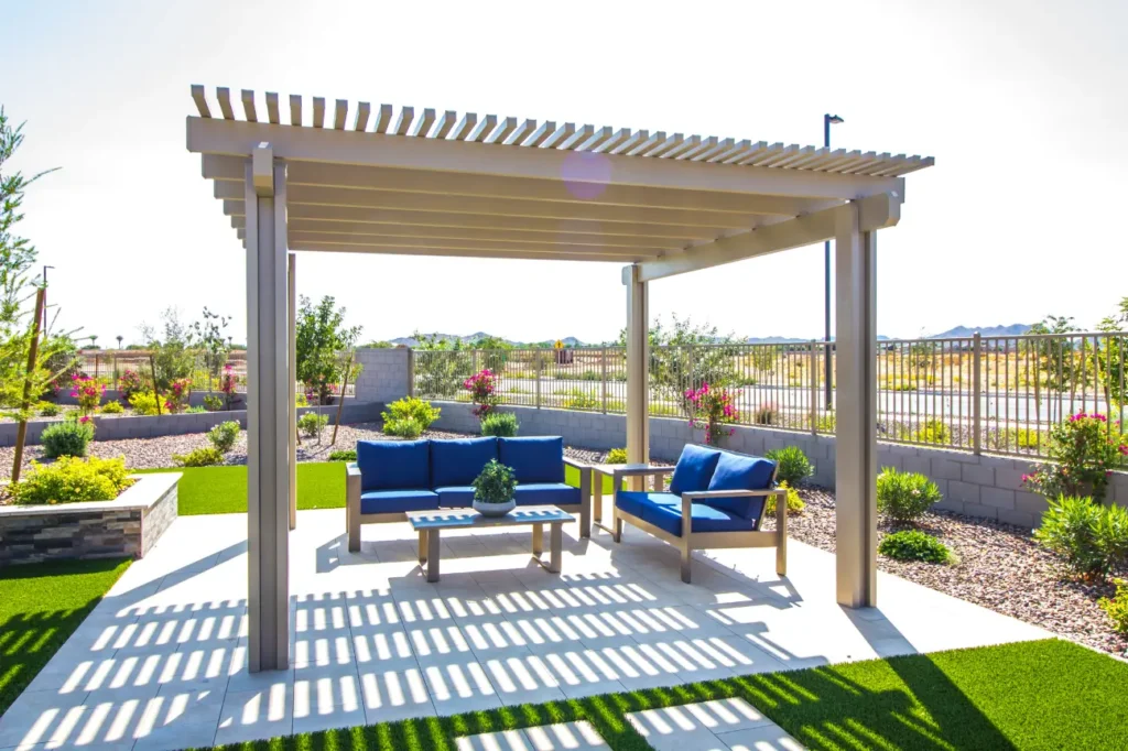 Outdoor pergola with seating built by Pergolas Christchurch and supported by Fence Builders Christchurch.